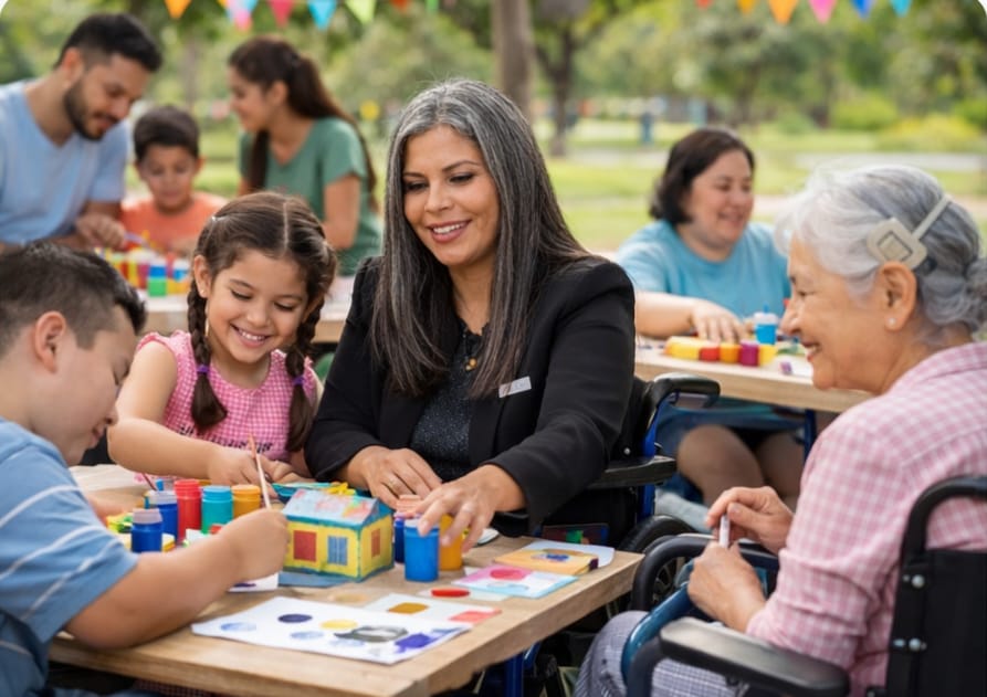 Niñas, niños y adultos participando en un taller creativo al aire libre.