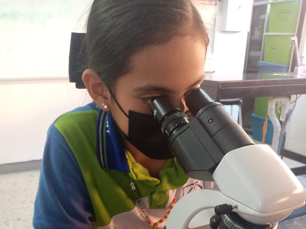 Niña usando un microscopio en un taller.